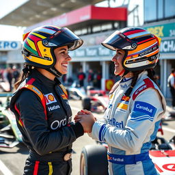 Two female Formula 2 racing pilots, both wearing colorful helmets and racing suits, are smiling and giving each other a warm handshake in the pit lane of a racetrack