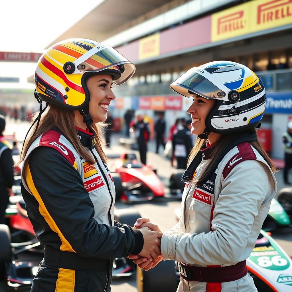 Two female Formula 2 racing pilots, both wearing colorful helmets and racing suits, are smiling and giving each other a warm handshake in the pit lane of a racetrack