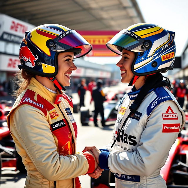 Two female Formula 2 racing pilots, both wearing colorful helmets and racing suits, are smiling and giving each other a warm handshake in the pit lane of a racetrack