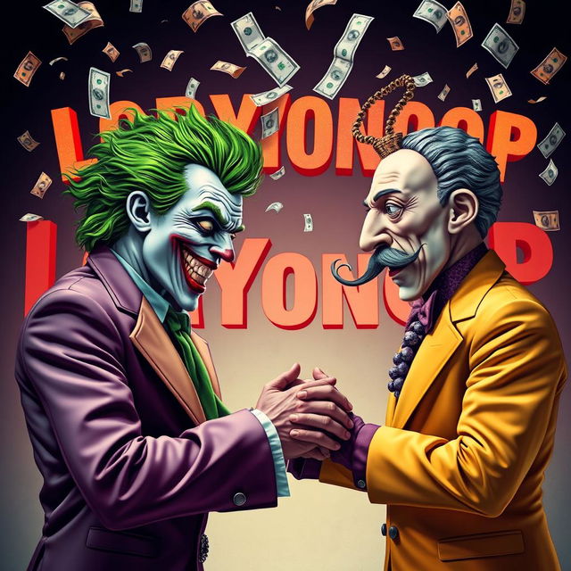 A dramatic scene depicting the Joker and Salvador Dalí shaking hands with intense expressions of anger