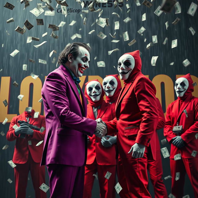 A dramatic scene featuring a furious handshake between Joker, dressed in his iconic purple suit and makeup, and a group of masked individuals from Money Heist wearing their characteristic red jumpsuits and Dali masks