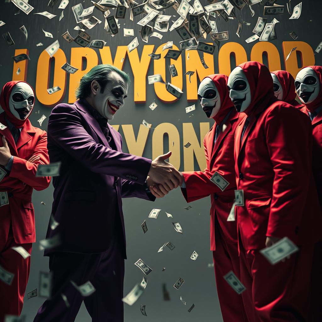 A dramatic scene featuring a furious handshake between Joker, dressed in his iconic purple suit and makeup, and a group of masked individuals from Money Heist wearing their characteristic red jumpsuits and Dali masks