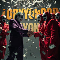 A dramatic scene featuring a furious handshake between Joker, dressed in his iconic purple suit and makeup, and a group of masked individuals from Money Heist wearing their characteristic red jumpsuits and Dali masks