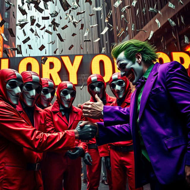 A dramatic scene featuring the Joker, with his iconic purple suit and green hair, engaged in a tense handshake with a group of masked individuals from 'Money Heist' wearing their distinctive red jumpsuits and Dali masks