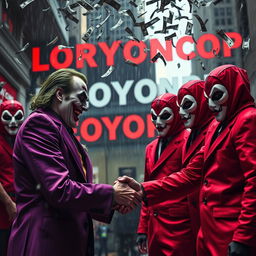 A dramatic scene featuring the Joker, with his iconic purple suit and green hair, engaged in a tense handshake with a group of masked individuals from 'Money Heist' wearing their distinctive red jumpsuits and Dali masks