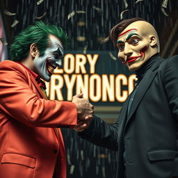 A dramatic scene featuring a character inspired by the Joker, with his iconic green hair and a mischievous grin, engaged in a tense handshake with a person wearing a Dali mask, reminiscent of those from 'Money Heist'