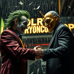 A dramatic scene featuring a character inspired by the Joker, with his iconic green hair and a mischievous grin, engaged in a tense handshake with a person wearing a Dali mask, reminiscent of those from 'Money Heist'
