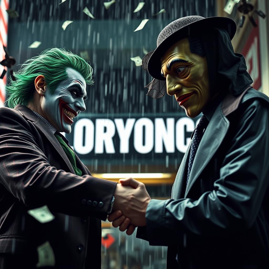 A dramatic scene featuring a character inspired by the Joker, with his iconic green hair and a mischievous grin, engaged in a tense handshake with a person wearing a Dali mask, reminiscent of those from 'Money Heist'