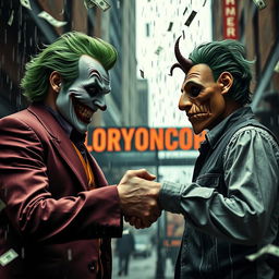 A dramatic scene featuring a character inspired by the Joker, with his iconic green hair and a mischievous grin, engaged in a tense handshake with a person wearing a Dali mask, reminiscent of those from 'Money Heist'