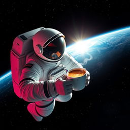 A space astronaut floating in zero gravity, holding a steaming cup of coffee, wearing a futuristic space suit