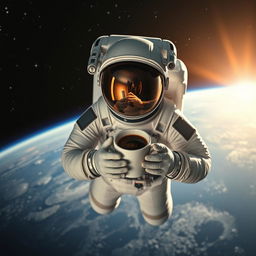 A space astronaut floating in zero gravity, holding a steaming cup of coffee, wearing a futuristic space suit