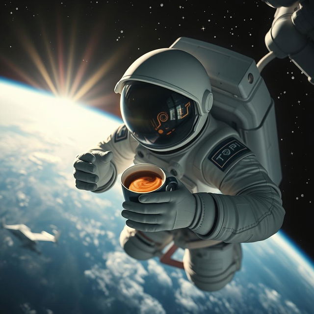 A space astronaut floating in zero gravity, holding a steaming cup of coffee, wearing a futuristic space suit