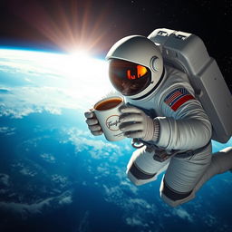 A space astronaut floating in zero gravity, holding a steaming cup of coffee branded with 'Farajahan', wearing a sleek, futuristic space suit