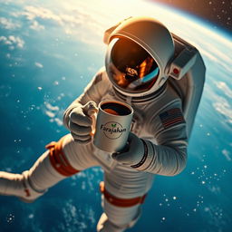 A space astronaut floating in zero gravity, holding a steaming cup of coffee branded with 'Farajahan', wearing a sleek, futuristic space suit