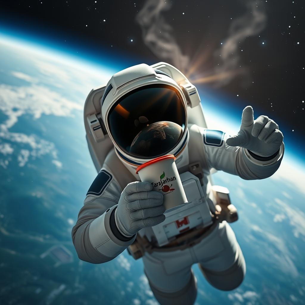 A space astronaut floating in zero gravity, holding a steaming cup of coffee branded with 'Farajahan', wearing a sleek, futuristic space suit