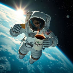 A space astronaut floating in zero gravity, holding a steaming cup of coffee branded with 'Farajahan', wearing a sleek, futuristic space suit