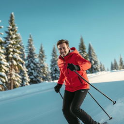 A man skiing down a snow-covered road, wearing a bright red ski jacket and black ski pants, with a confident expression on his face