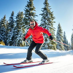 A man skiing down a snow-covered road, wearing a bright red ski jacket and black ski pants, with a confident expression on his face