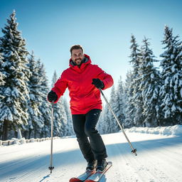 A man skiing down a snow-covered road, wearing a bright red ski jacket and black ski pants, with a confident expression on his face
