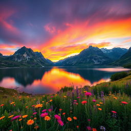 A stunning high-resolution landscape image featuring a breathtaking sunset over a serene lake surrounded by tall mountains