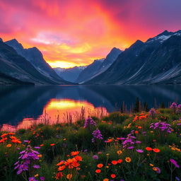 A stunning high-resolution landscape image featuring a breathtaking sunset over a serene lake surrounded by tall mountains