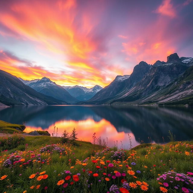 A stunning high-resolution landscape image featuring a breathtaking sunset over a serene lake surrounded by tall mountains