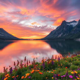 A stunning high-resolution landscape image featuring a breathtaking sunset over a serene lake surrounded by tall mountains