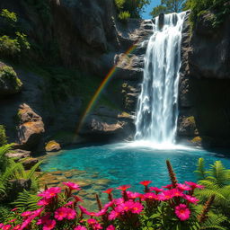 A breathtaking high-resolution image capturing a stunning waterfall cascading down rocky cliffs surrounded by lush greenery