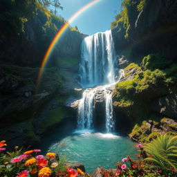 A breathtaking high-resolution image capturing a stunning waterfall cascading down rocky cliffs surrounded by lush greenery