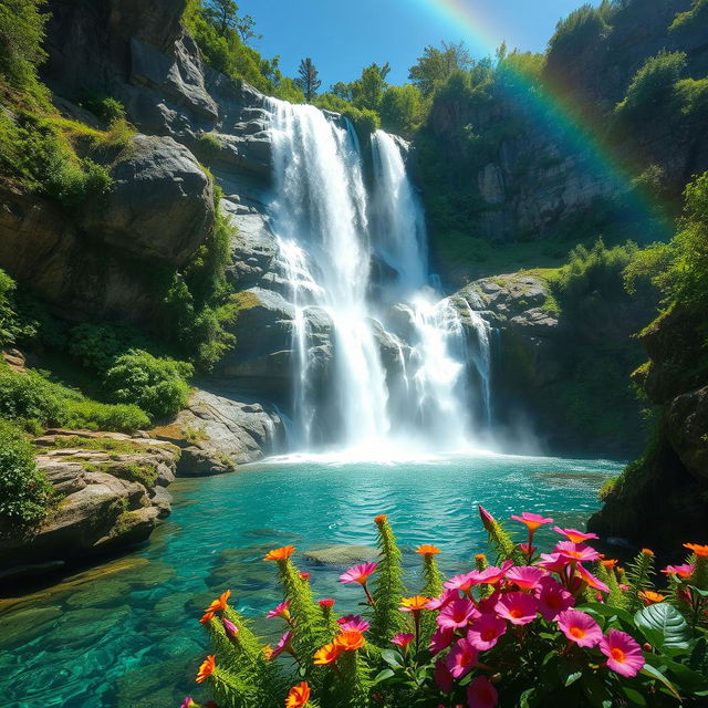 A breathtaking high-resolution image capturing a stunning waterfall cascading down rocky cliffs surrounded by lush greenery