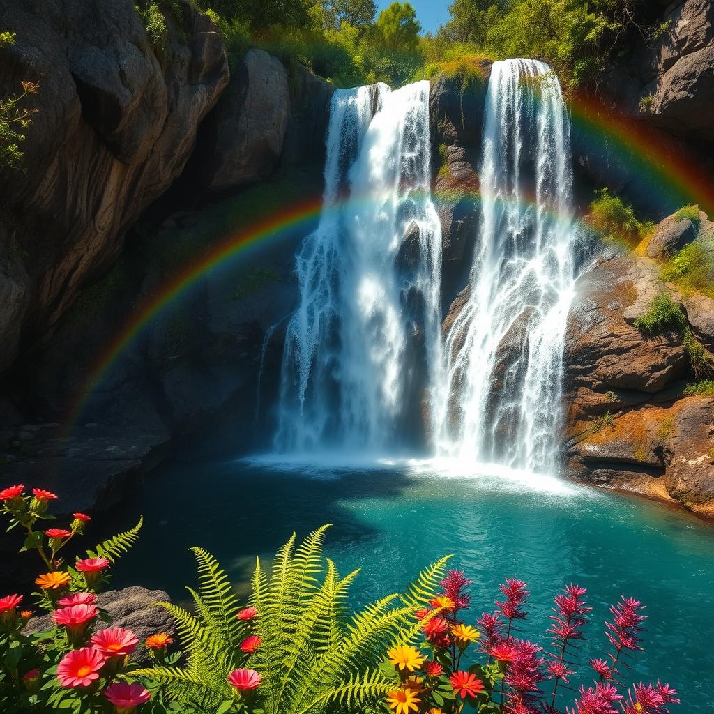 A breathtaking high-resolution image capturing a stunning waterfall cascading down rocky cliffs surrounded by lush greenery