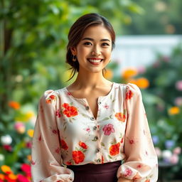 A woman wearing a stylish blouse, elegantly designed with floral patterns and a vibrant color palette