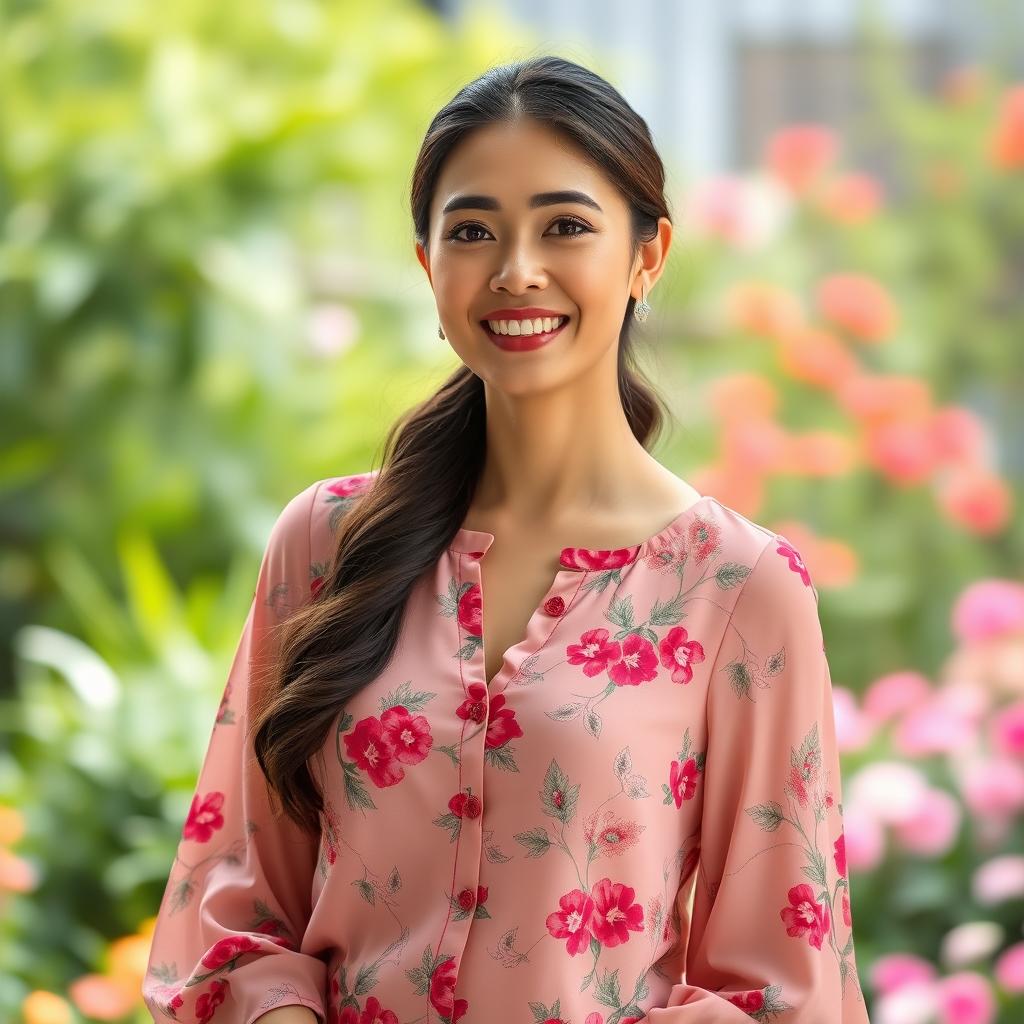 A woman wearing a stylish blouse, elegantly designed with floral patterns and a vibrant color palette