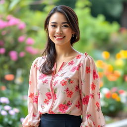 A woman wearing a stylish blouse, elegantly designed with floral patterns and a vibrant color palette
