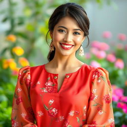 A woman wearing a stylish blouse, elegantly designed with floral patterns and a vibrant color palette