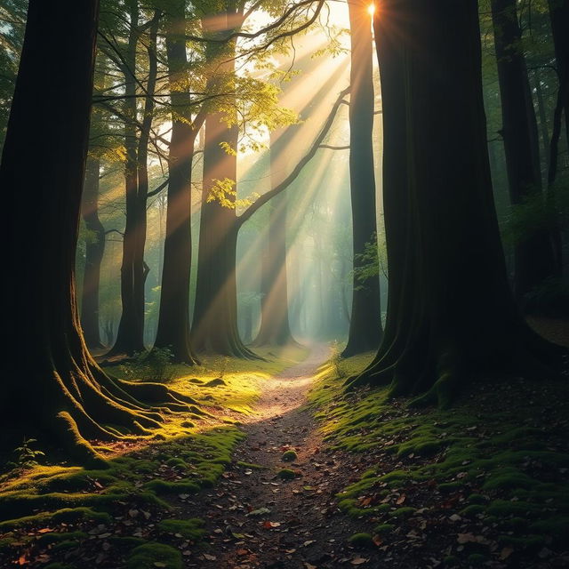 A serene and mystical forest path, surrounded by tall ancient trees, with soft golden sunlight filtering through the leaves