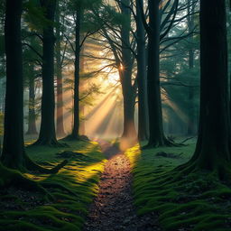 A serene and mystical forest path, surrounded by tall ancient trees, with soft golden sunlight filtering through the leaves