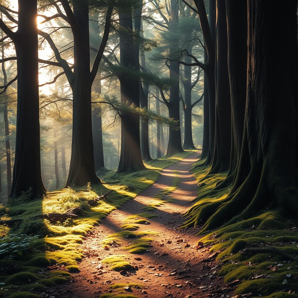 A serene and mystical forest path, surrounded by tall ancient trees, with soft golden sunlight filtering through the leaves