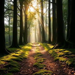 A serene and mystical forest path, surrounded by tall ancient trees, with soft golden sunlight filtering through the leaves