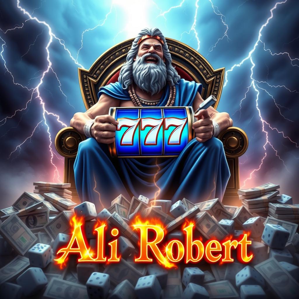 Zeus sitting majestically on his throne, holding a vibrant blue slot machine with the number 777 prominently displayed, surrounded by storms and thunder strikes in every direction