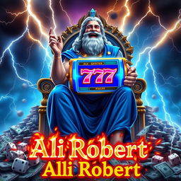 Zeus sitting majestically on his throne, holding a vibrant blue slot machine with the number 777 prominently displayed, surrounded by storms and thunder strikes in every direction