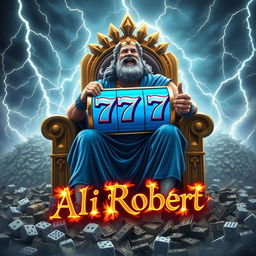 Zeus sitting majestically on his throne, holding a vibrant blue slot machine with the number 777 prominently displayed, surrounded by storms and thunder strikes in every direction