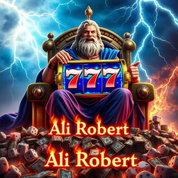 Zeus sitting majestically on his throne, holding a vibrant blue slot machine with the number 777 prominently displayed, surrounded by storms and thunder strikes in every direction