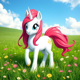 A magical white unicorn with vibrant red flowing mane and tail, featuring large expressive blue eyes, standing proudly in a lush green meadow