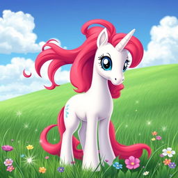 A magical white unicorn with vibrant red flowing mane and tail, featuring large expressive blue eyes, standing proudly in a lush green meadow
