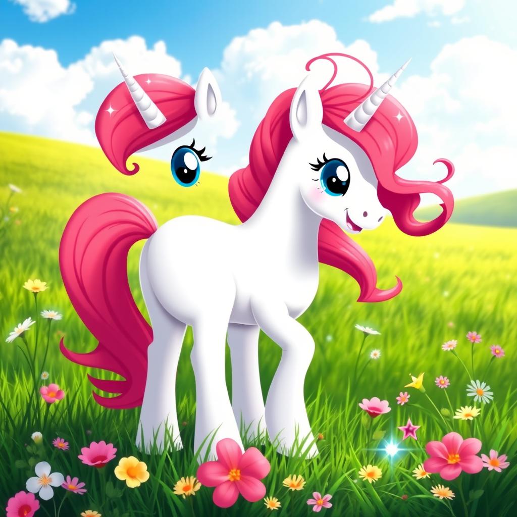 A magical white unicorn with vibrant red flowing mane and tail, featuring large expressive blue eyes, standing proudly in a lush green meadow