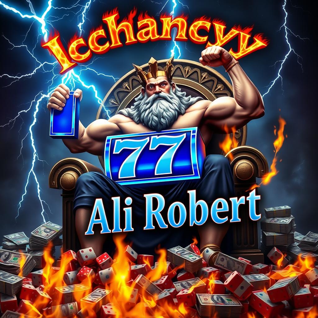 Zeus sitting powerfully on his throne, flexing his muscles with great strength while holding a striking blue slot machine displaying the number 777