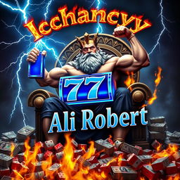 Zeus sitting powerfully on his throne, flexing his muscles with great strength while holding a striking blue slot machine displaying the number 777