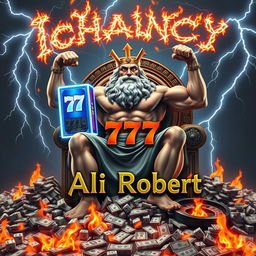 Zeus sitting powerfully on his throne, flexing his muscles with great strength while holding a striking blue slot machine displaying the number 777