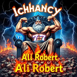 Zeus sitting powerfully on his throne, flexing his muscles with great strength while holding a striking blue slot machine displaying the number 777